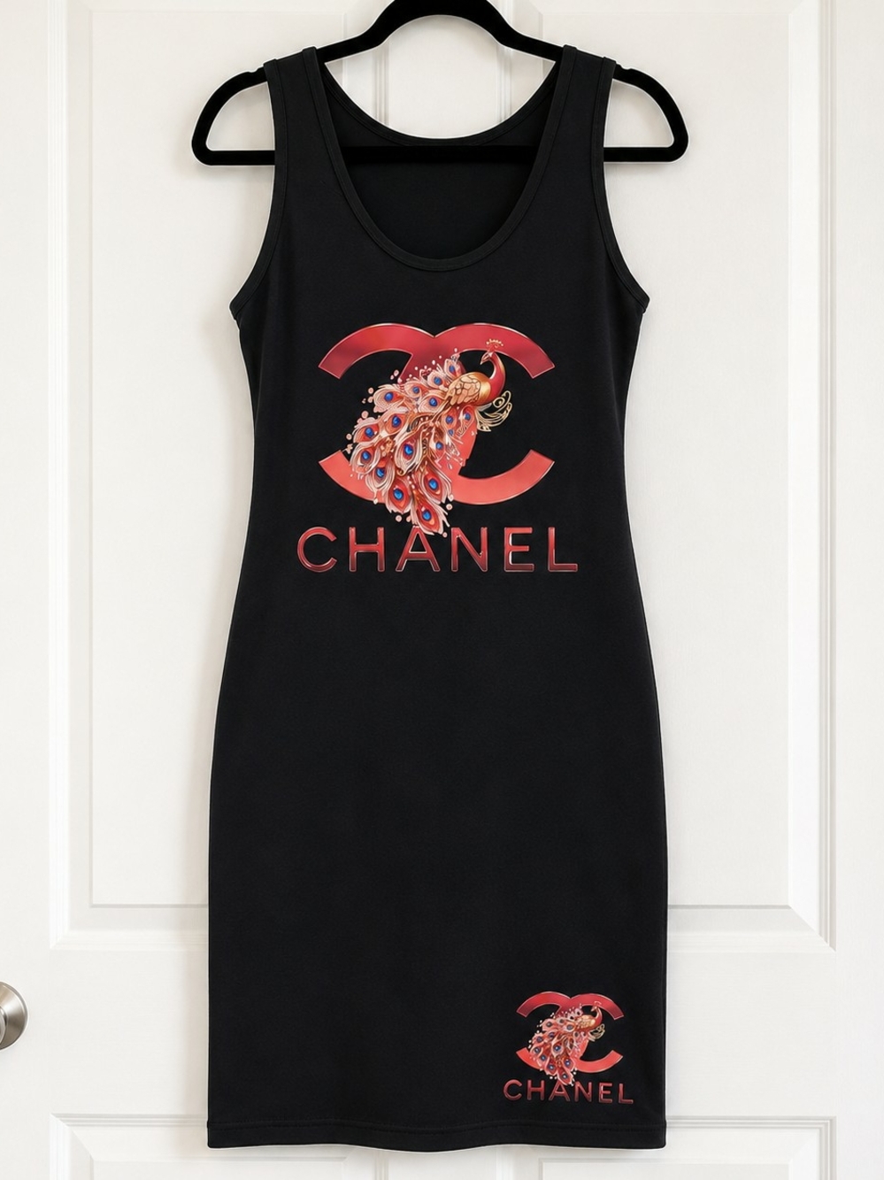 Black Midi Tank Dress with Red Pink Peacock Logo